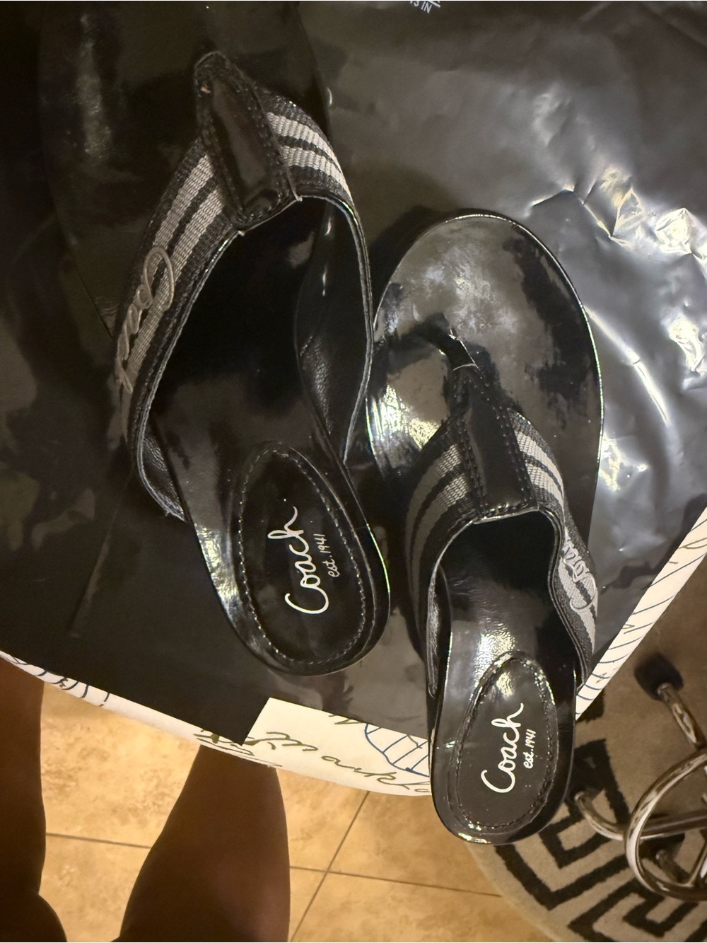 Coach Black and Gray Logo Strap Patent Thong Sandals
